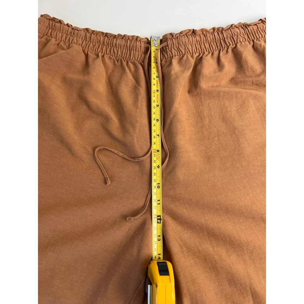 H&M Linen Blend Wide Leg Crop Pants XL Rust Brown Pull On Elastic Waist Coastal